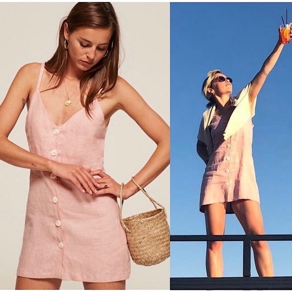 REFORMATION 90s Pale Pink Linen Sleeveless V-Neck Button Front Mini Slip Dress L - Picture 1 of 8